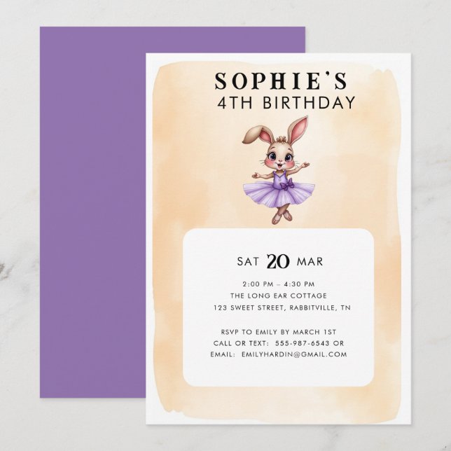 Ballerina Bunny Thema Geburtstagsparty Einladung (Vorne/Hinten)