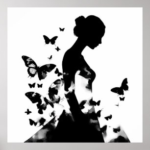 Ballerina & Butterfliegen Silhouette Black & White Poster