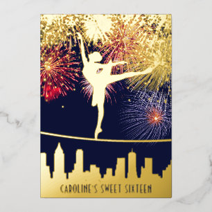 Ballerina Fireworks Skyline Sweet 16 Blue Gold Folieneinladung