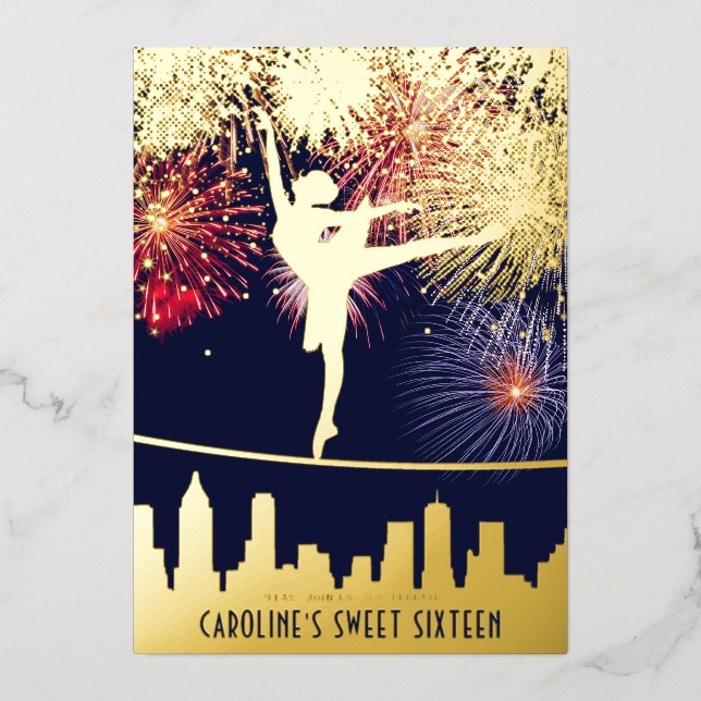 Ballerina Fireworks Skyline Sweet 16 Blue Gold Folieneinladung (Vorderseite)