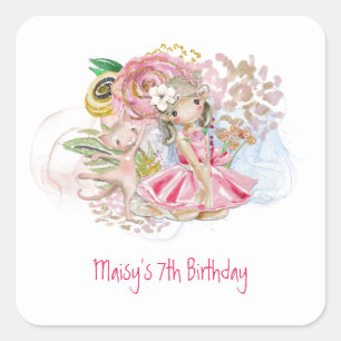 Ballerina Florals Cat Pink Girl 7. Geburtstagspart Quadratischer Aufkleber