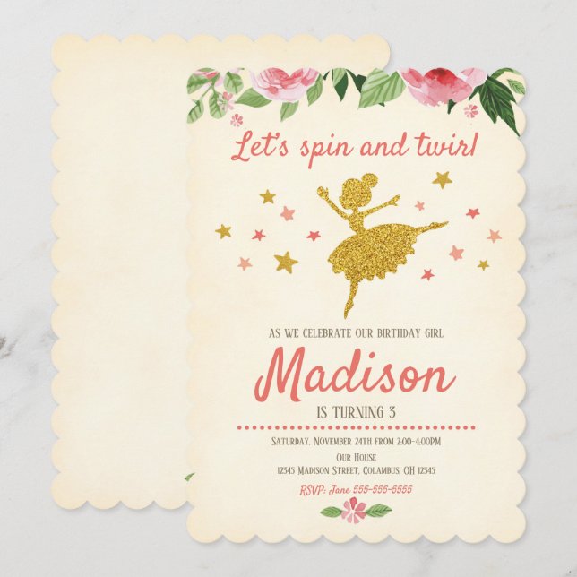 Ballerina-Geburtstags-Einladung/Vintages/Retro Einladung (Vorne/Hinten)