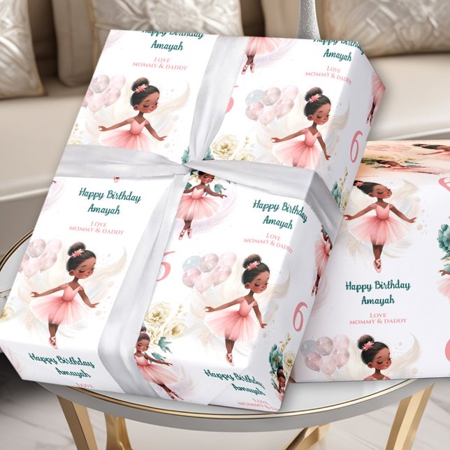 Ballerina Girl Birthday Dark Skin Individuelle Nam Geschenkpapier (Ballerina Girl Birthday Dark Skin Custom Name Text Wrapping Paper)