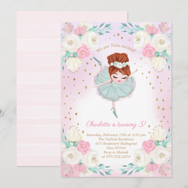Ballerina Glitzer Birthday Einladung (Vorne/Hinten)