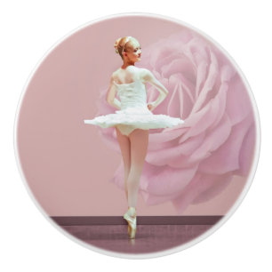 Ballerina im Weiß mit rosa Rose Keramikknauf