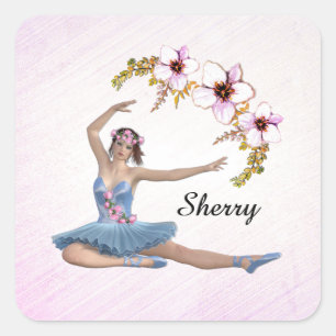 Ballerina in Blue Persönlicher Name auf Rosa Quadratischer Aufkleber
