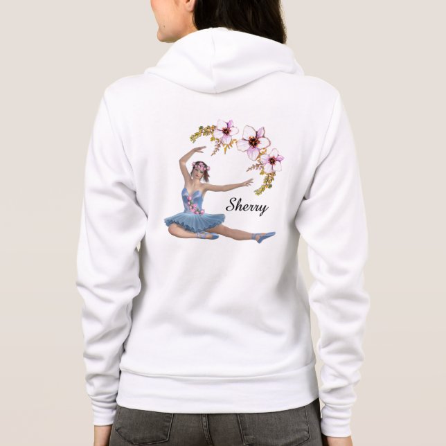 Ballerina in Blue Persönlicher Name Rosa Blume Hoodie (Rückseite)