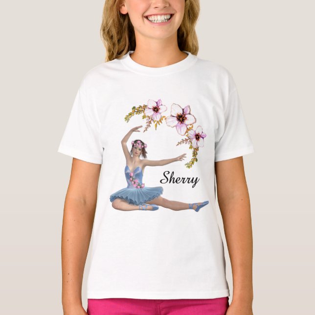 Ballerina in Blue Persönlicher Name Rosa Blume T-Shirt (Vorderseite)