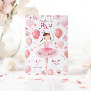 Ballerina in rosa Kleid Florale Balloons Geburtsta Einladung