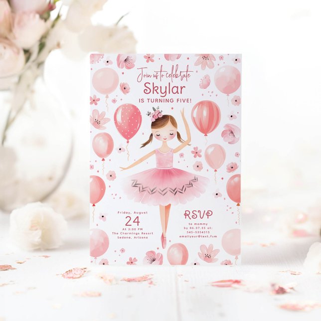 Ballerina in rosa Kleid Florale Balloons Geburtsta Einladung (Ballerina Birthday Invitations)