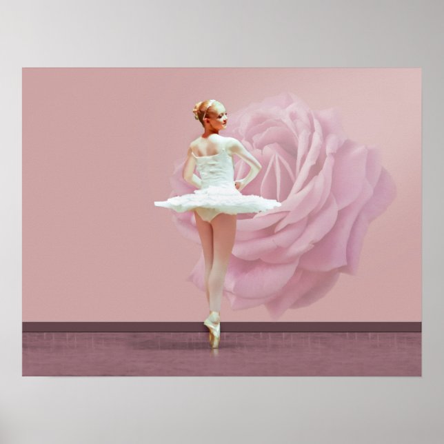 Ballerina in Weiß mit rosa Rose Poster (Vorne)