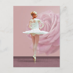 Ballerina in Weiß mit rosa Rose Postkarte