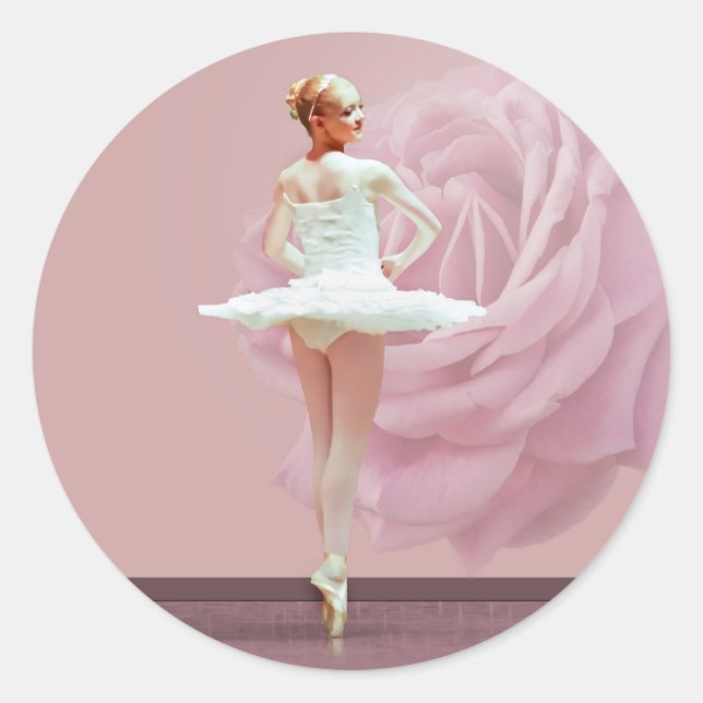Ballerina in Weiß mit rosa Rose Runder Aufkleber (Vorderseite)