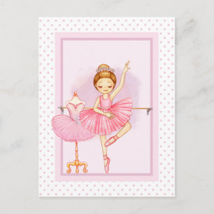 Ballerina Mädchen & Teddybär rosa Punkte Postkarte
