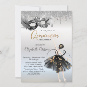Ballerina-Maske Glittertropfen Silber Quinceanera Einladung