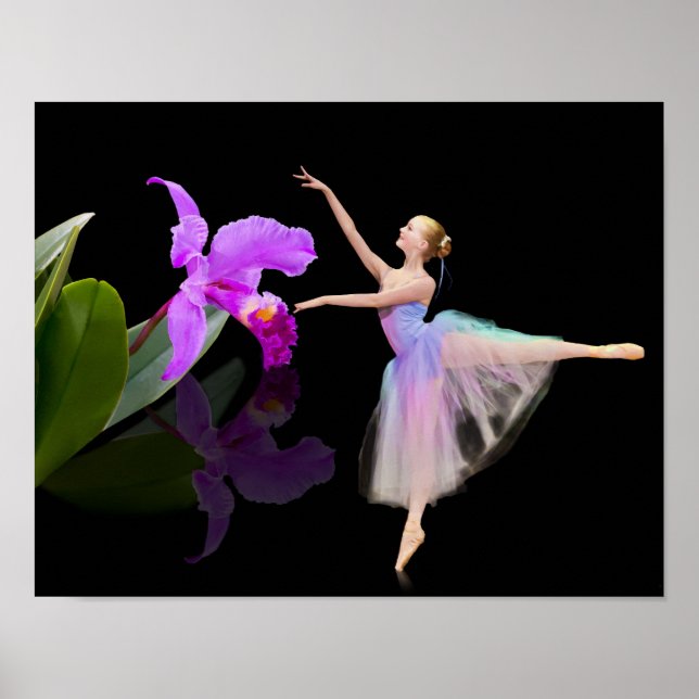 Ballerina mit Orchid auf schwarz Poster (Vorne)