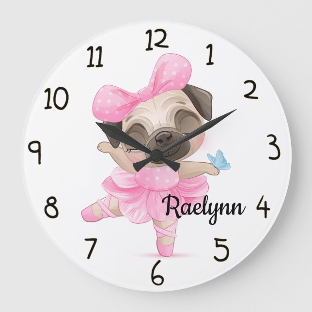 Ballerina Mops Große Wanduhr (Vorderseite)