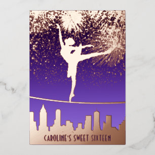 Ballerina NYC-Silhouette Feuerwerk Sweet 16 Roségo Folieneinladung
