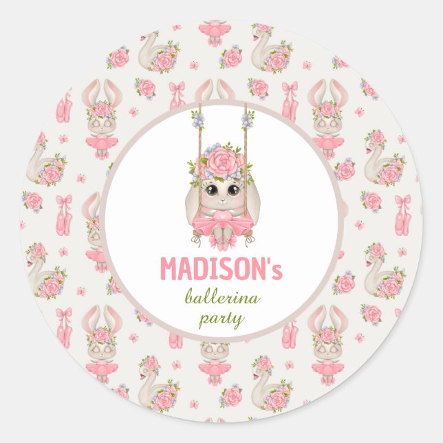 Ballerina Party Rosa Blütenblütenmädchen Geburtsta Runder Aufkleber (Vorderseite)