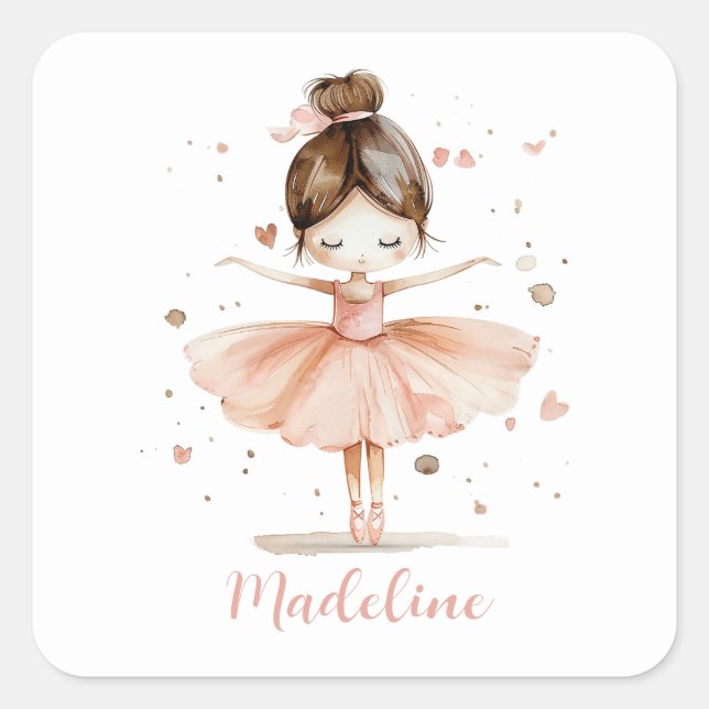 Ballerina Personalisiert Name Girly Quadratischer Aufkleber (Vorderseite)