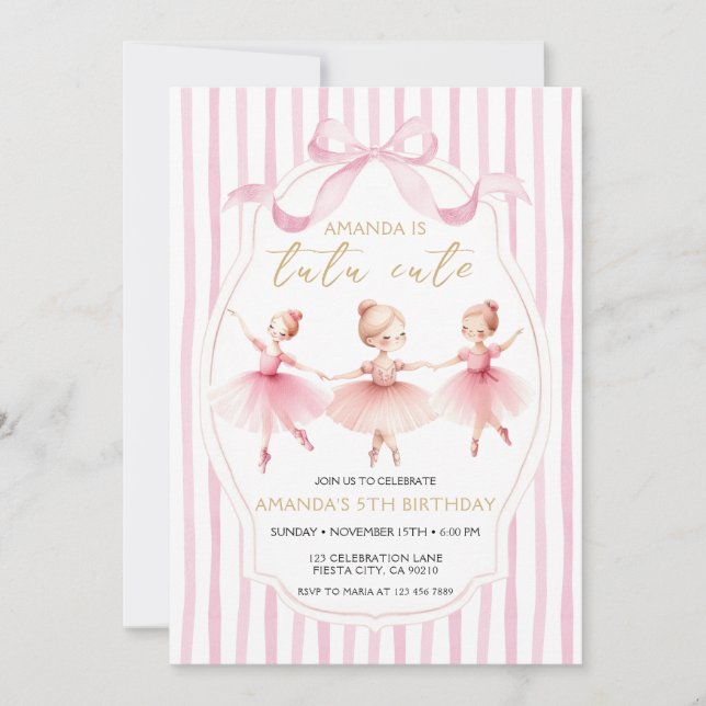  Ballerina Pink Bow Tutu Cute Birthday Invitation Einladung (Vorderseite)