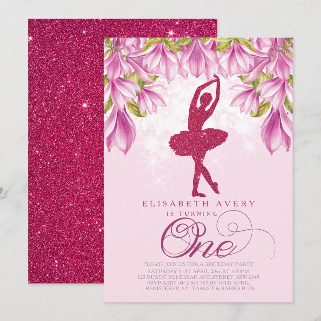 Ballerina Pink Glitzer Erster Geburtstag Einladung (Vorne/Hinten)