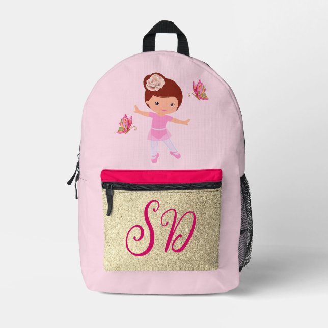 Ballerina Pink Gold Butterfly Friends Mit Monogram Bedruckter Rucksack (Vorderseite)
