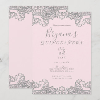 Ballerina Pink Silver Glitzer Lace Quinceañera Einladung