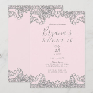 Ballerina Pink Silver Glitzer Lace Sweet 16 Party Einladung
