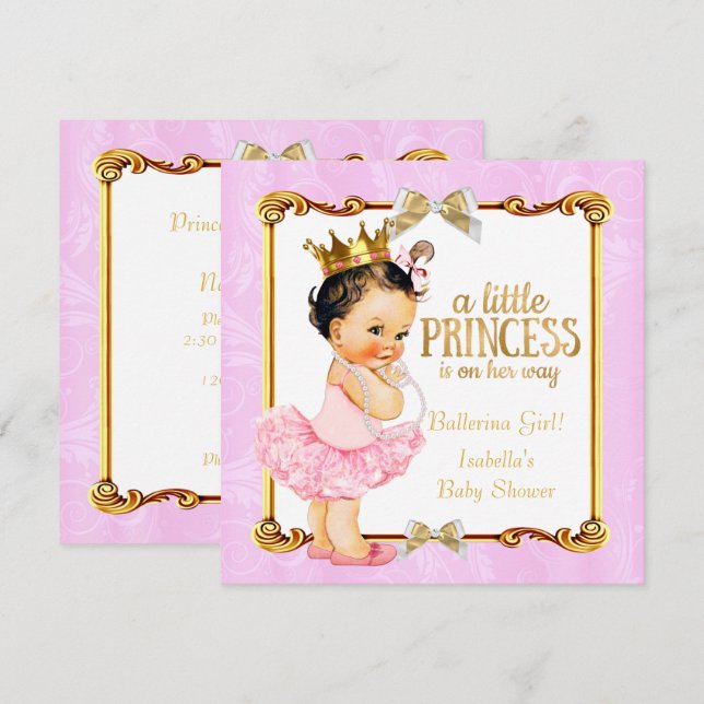 Ballerina Princess Baby Dusche Pink Gold Brünett Einladung (Vorne/Hinten)