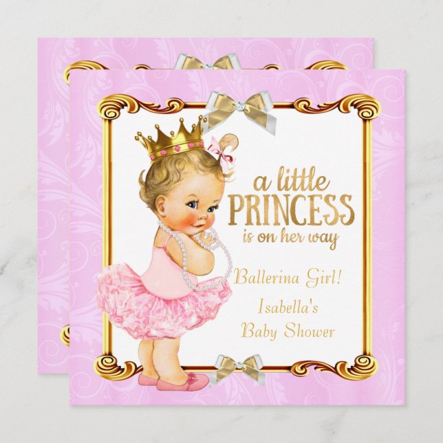 Ballerina Princess Baby Dusche Rosa Gold Blonde Einladung (Vorne/Hinten)