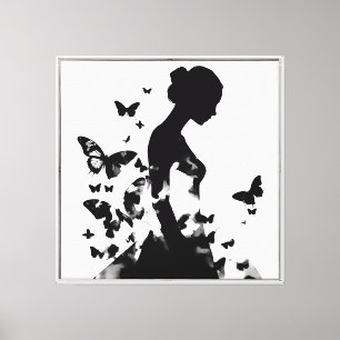 Ballerina & Schmetterlinge Silhouette Monochrom Leinwanddruck