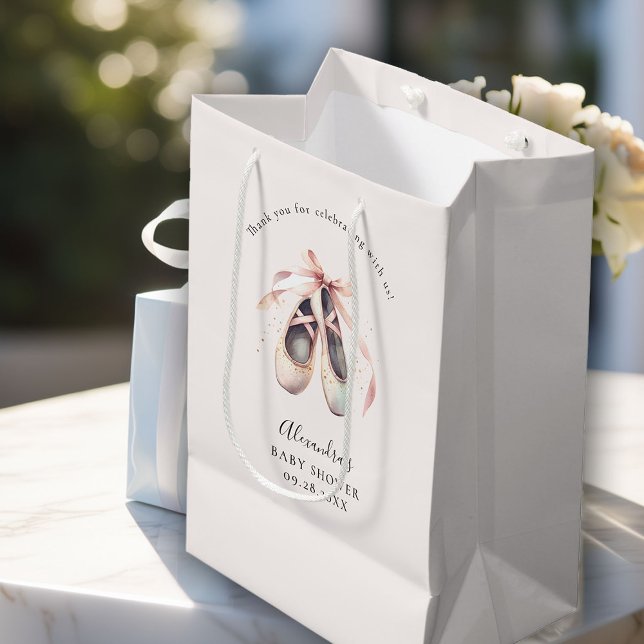 Ballerina Schuhe Pink Bow Gold Baby Girl Dusche Mittlere Geschenktüte (ballerina gift bag ballet shoes pointe dance pink faux gold glitter elegant watercolor)
