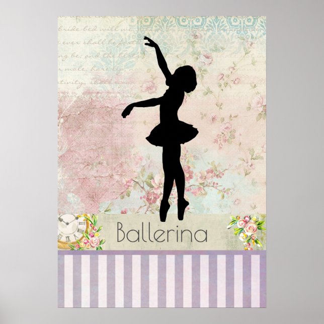 Ballerina Silhouette auf elegantem Vintagem Muster Poster (Vorne)