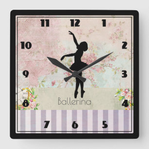 Ballerina Silhouette on Elegant Vintage Pattern Quadratische Wanduhr