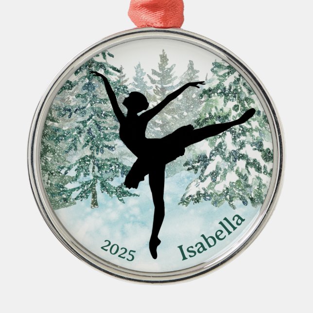 Ballerina Silhouette Winterlandschaft Ornament Aus Metall (Vorne)