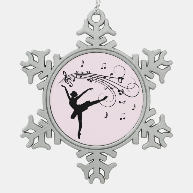 Ballerina Tanz mit Musik Rosa Schneeflocken Zinn-Ornament (Vorderseite)