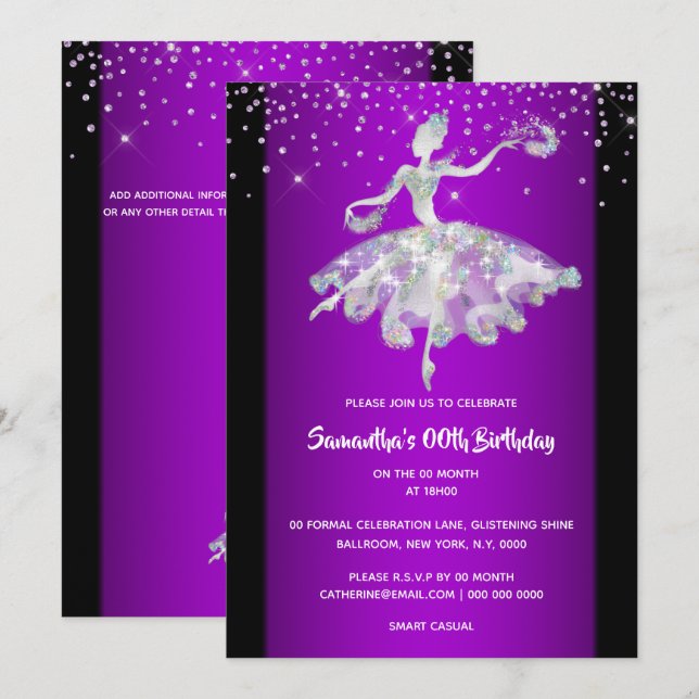 Ballerina tanzend Glitzer lila Girls Party Einladung (Vorne/Hinten)