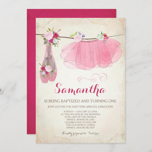 Ballerina Taufe und Geburtstag Tutu Ballettschuhe Einladung (Vorne/Hinten)