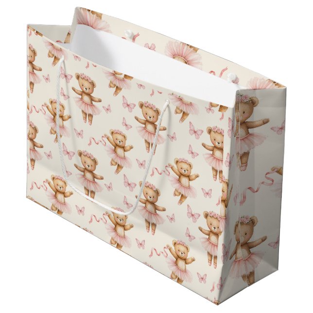 Ballerina Teddy Bears Pink Tutus und Schmetterling Große Geschenktüte (Vorderseite Schrägansicht)