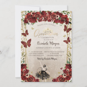Ballerina, Tiara, rote Blumen  Quinceañera  Einladung