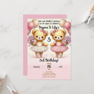 Ballerina Twinkle Toes Twin Bears Geburtstagsparty Einladung
