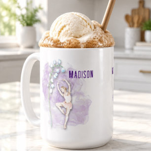 Ballerina und Maiglöckchen-Blumen auf Lila Kaffeetasse
