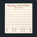 Ballet Barre Dance Studio Lehrer Personalisiert Notizblock<br><div class="desc">Das Design eines Notiz-Pads im List-Stil enthält eine originale Marker-Abbildung einer Ballet Barre. Persönlich gestalten Sie das Tanzstudio einfach mit Informationen. Viele zusätzliche illustrierte Notizblöcke sind auch in diesem Shop erhältlich. Dieses Design ist auch auf anderen Produkten erhältlich. Sehen Sie nicht, wonach Sie suchen? Brauchen Sie Hilfe bei der Anpassung?...</div>