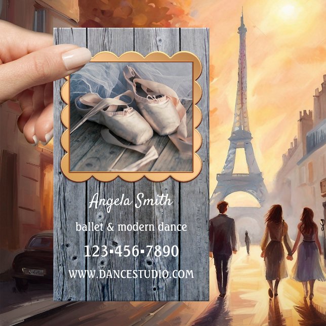 Ballet Dance Foto Teacher Business Card Visitenkarte (Business card showing your photo framed by a curvy rose gold design on rustic wood - ballet teacher)