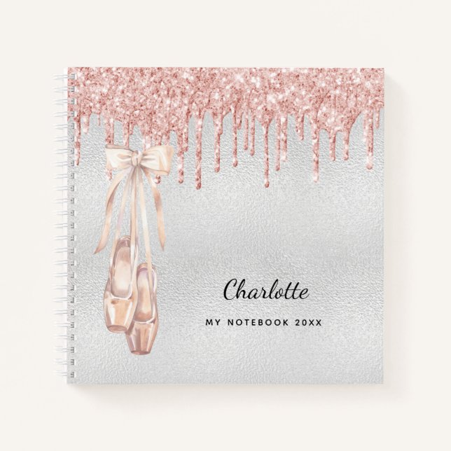 Ballet Dance Silber Rose Gold Glitzer Monogramm Notizbuch (Vorderseite)