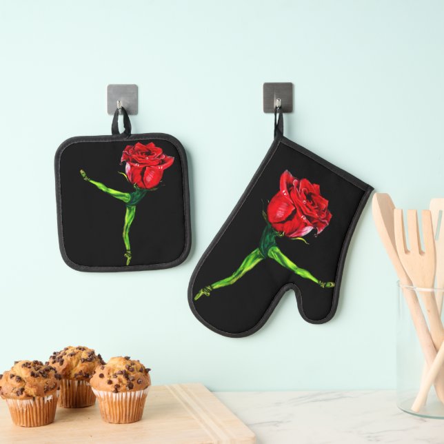 Ballet Dancer Rose Oven Mitt & Pot Holder Set (Insitu (Hängend))