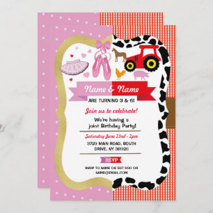 Ballet & Farm Joint Boy Girl Birthday Pink Horse Einladung