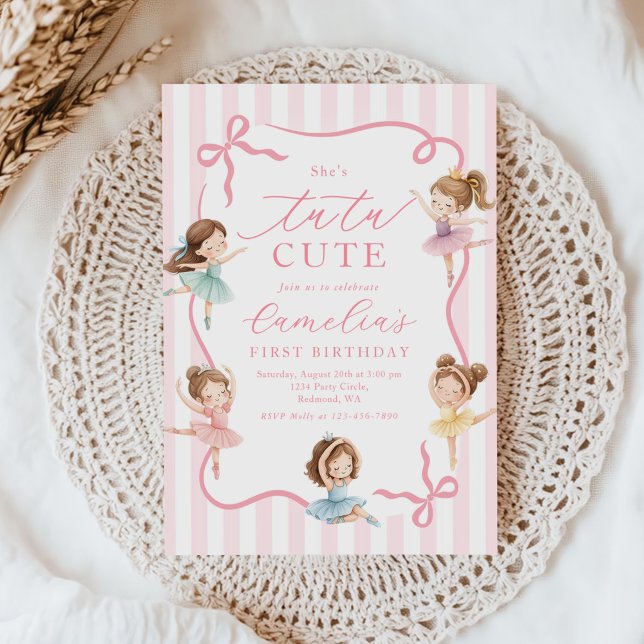 Ballet Pink Girls Bow Tutu Ballerina 1st Birthday Einladung (Von Creator hochgeladen)