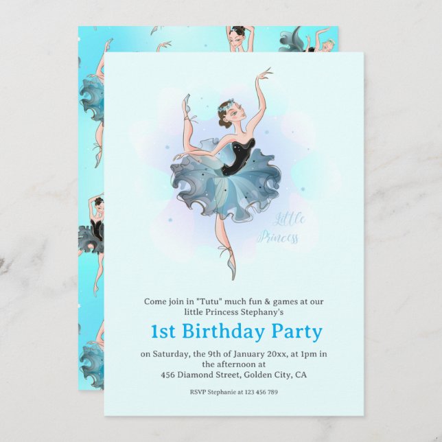 Ballet Princess 1st Birthday Pastel Illustration Einladung (Vorne/Hinten)
